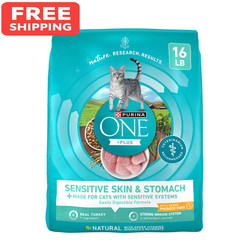 Purina ONE +Plus Sensitive Skin and Stomach Formula Natural Dry Cat Food, 16 lbs