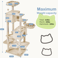 Beige 66-Inch Cat Tower with Spacious Condo and Climbing Features