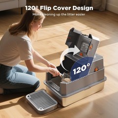 Enclosed Stainless Steel Cat Litter Box Flip Top Leak Proof Odor Control