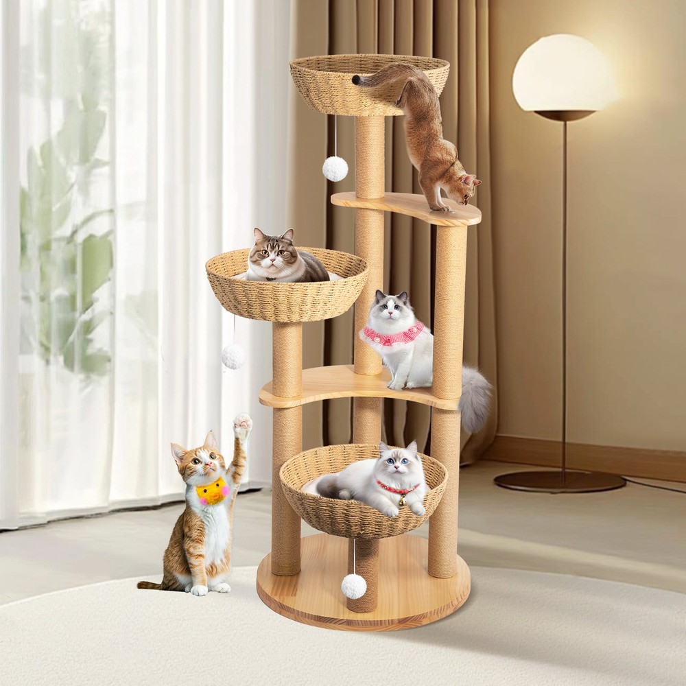52″ Modern Cat Tree Tower Oak Cat Scratching Tree for Multiple Large Cats