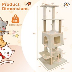 64″ Tall Cat Tree w/ 2 Large Condos, Jute Scratching Posts, Plush Top Perch