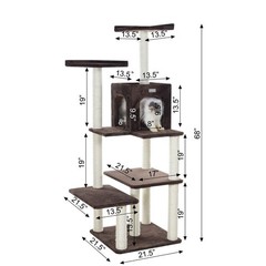 66-Inch Real Wood Cat Tree In Coffee Brown With Four Levels, Two Perches, Condo