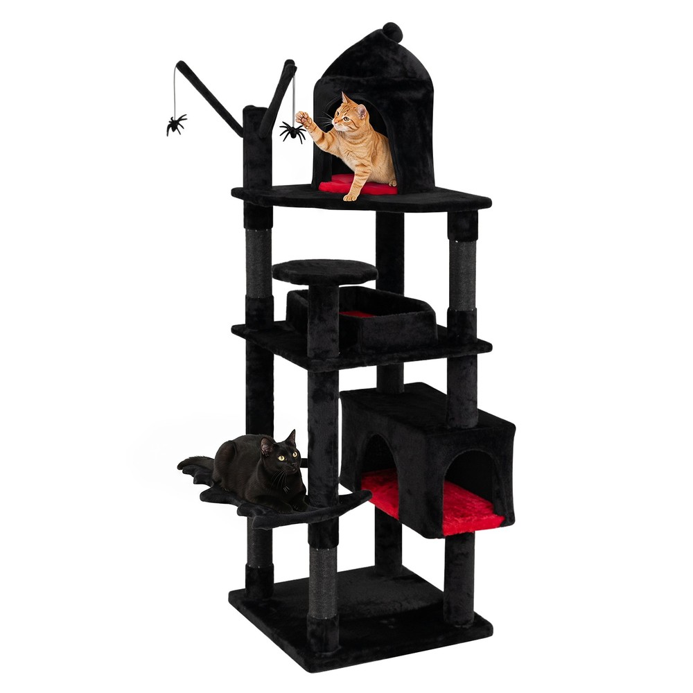 Gothic Cat Tree, 70” Cat Tower w Castle, House, Coffin Bed, Spider Hanging Balls