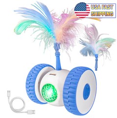Interactive Cat & Dog Toy LED Lights Wheels Moving Teaser Feather Wand Ball Toy