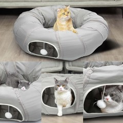 Light Grey Adjustable Cat Tunnel Bed with Hanging Ball – Perfect for Playtime