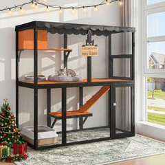 Wooden Catio Outdoor Cat Enclosure Large Cat House with Waterproof Cover Ramp