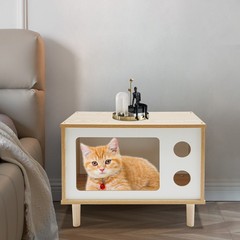 50*29*40cm Wood Cat House TV Shaped Cat Cabinet Nightstand Cat Shelter Load 75kg