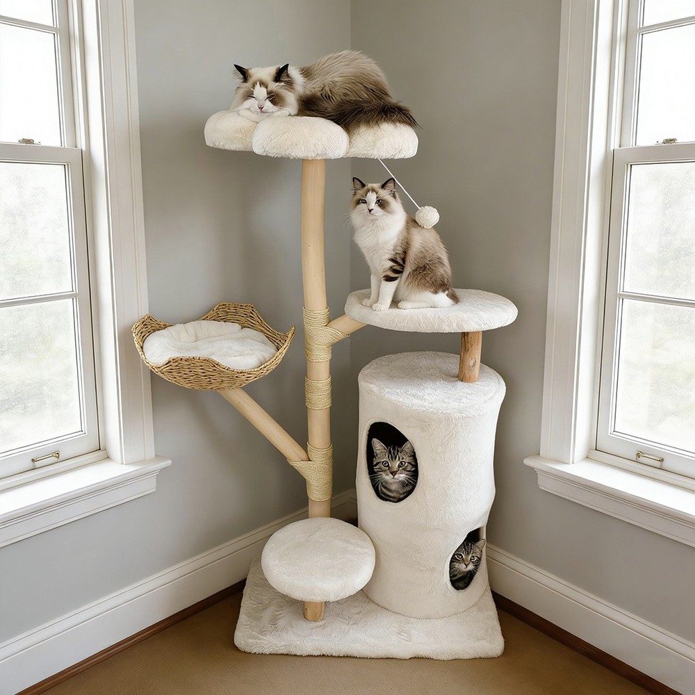 Tall Modern Cat Tree Scratching Tower for Large Cats Wood Scratching Post Condo