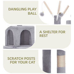 Uforic 44″ Cat Tree Tower, with Scratch Posts, Condo, Hammock, Toys, Light Gray
