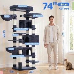 Cat Tree, 74 Inches Multi-Level XL Large Cat Tower for Indoor Cats with Three Ca