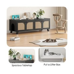 Rattan Cat Litter Box Enclosure with Decorated Doors, Wooden Pet Washroom wit…