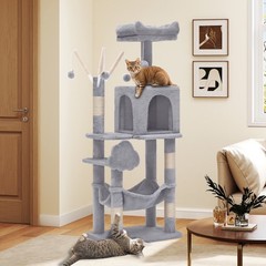 44″ Cat Tree Tower, with Scratch Posts, Condo, Hammock, Toys, Light Gray