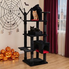 Gothic Cat Tree, 70” Cat Tower w Castle, House, Coffin Bed, Spider Hanging Balls