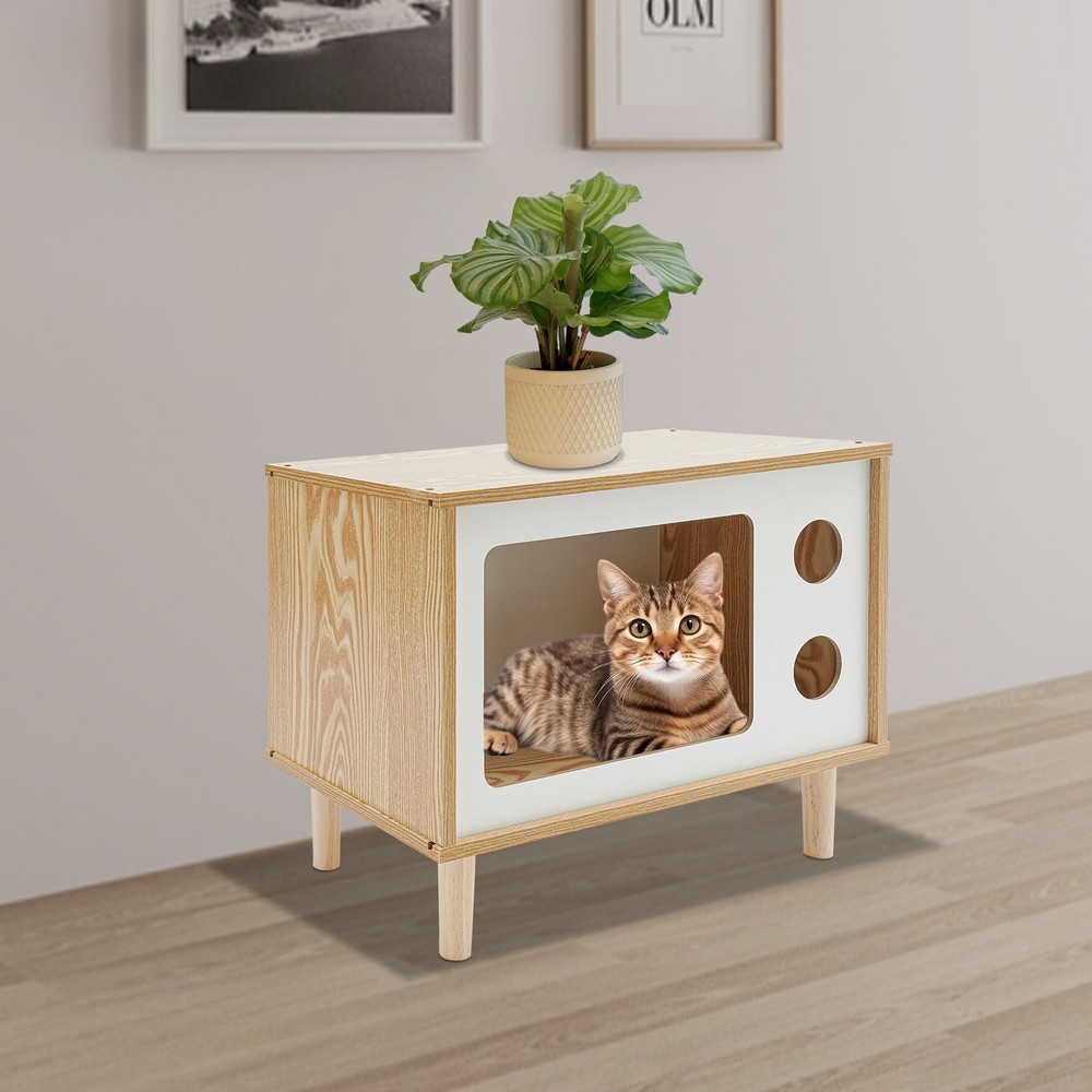 50*29*40cm Wood Cat House TV Shaped Cat Cabinet Nightstand Cat Shelter Load 75kg