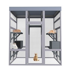 62.6″ Wooden Catio Large Cat Enclosure 2 Sleep Houses Galvanized Wire Pet Cage