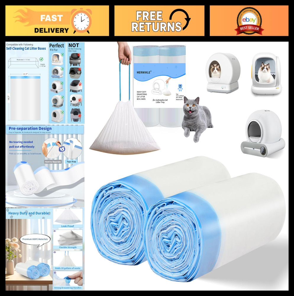 Self-Cleaning Cat Litter Box Liners 40 Count, Heavy Duty Drawstring Bags 17.7″ x