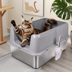 Stainless Steel Cat Litter Box XL High-Sided Metal Litter Pan with Scoop & Mat