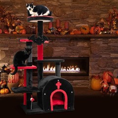 6-Tier Gothic Cat Tree 53” Tall Cat Tower w/ Cat Bed Arch-Shaped Condo Pompom