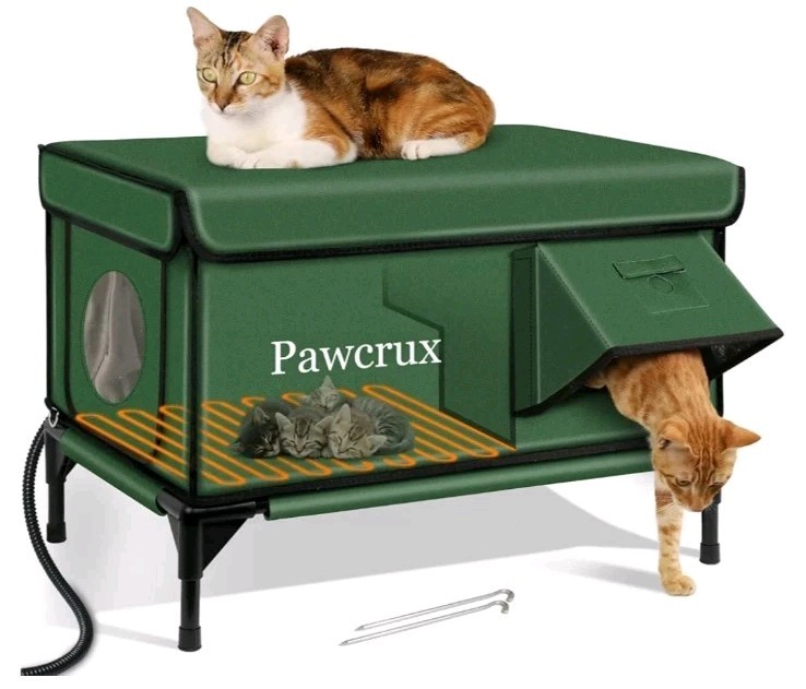 Heated, Weatherproof, Elevated, & Insulated Cat House w/Escape Door -Dark Green