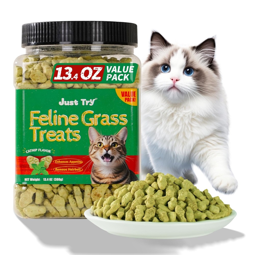 Just Try 13.4 OZ Cat Grass Treats Natural Salmon Flavor Healthy Cat Snacks Tr…