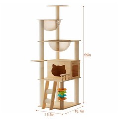 59″ Modern Cat Tower Wood Cat Tree Condo with Scratching Posts for Indoor Cats
