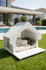 White Cat / Dog house indoor Natural Pine , Modern Furniture Pets (LED Light )