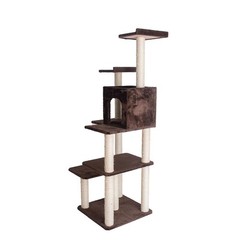 66-Inch Real Wood Cat Tree In Coffee Brown With Four Levels, Two Perches, Condo