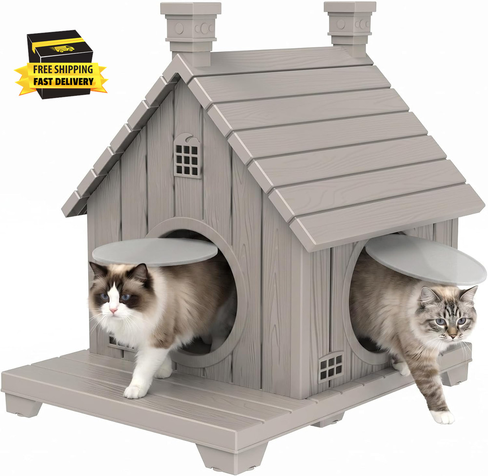 Outdoor Cat House Weatherproof,1-Story Durable Resin Cat Houses with Elevated Ba