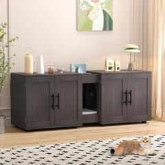 Litter Box Enclosure, Wooden Hidden 2 Cats Litter Box Furniture Cat Double