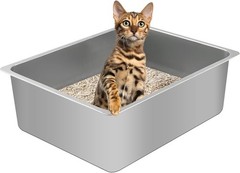 Stainless Steel Cat Litter Box Metal Medium to Large High Sided Litter Pan Tray