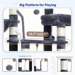 63″ Cat Tree Tower Large Cats Condo Baskets Platforms Scratching Post Gray