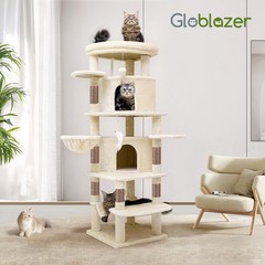 NEW,66inch Tall 6 Scratching Posts, 2 Spacious Cat Condos, Hanging Basket,Beige！