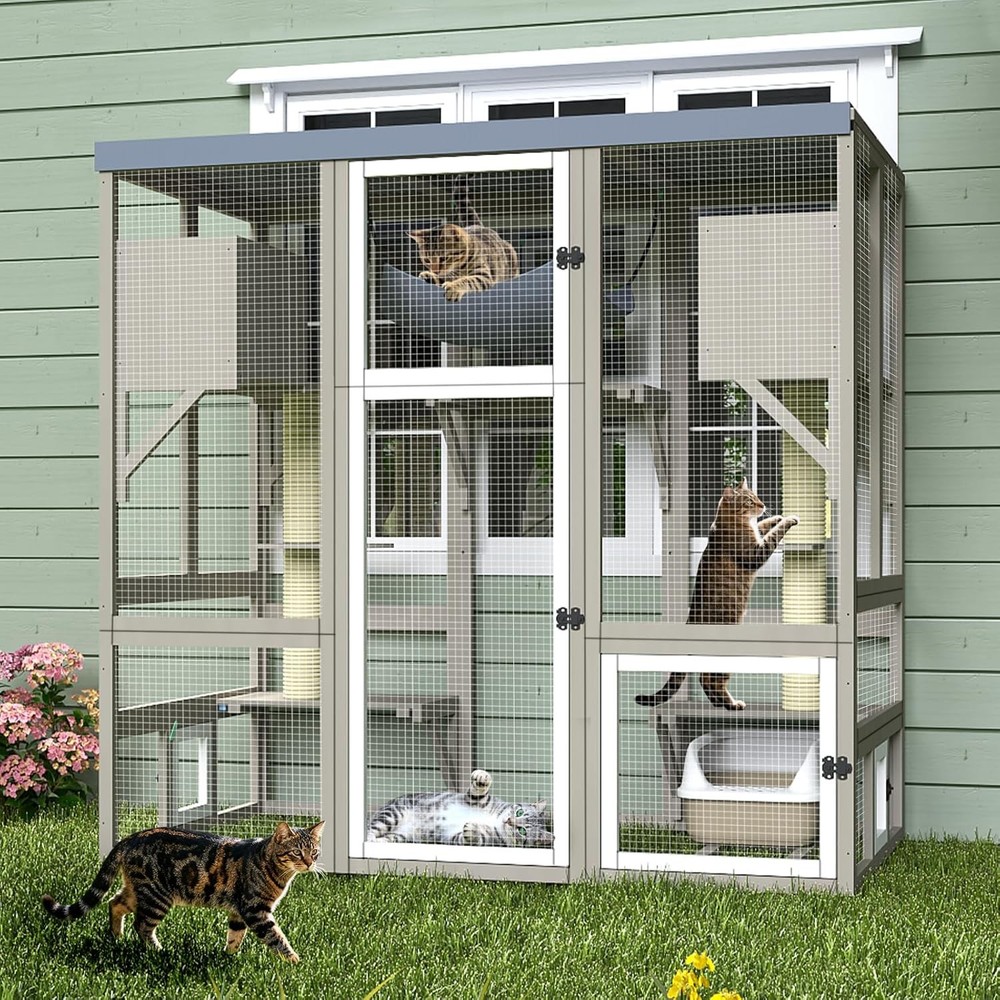 PETSCOSSET Catio Outdoor Cat Enclosure Walk-in Cat House with 7 Platforms, Gray
