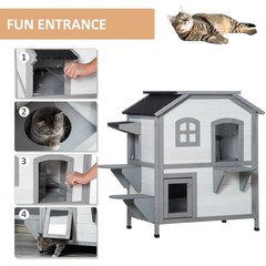 36″ 2-Story Outdoor Cat House Fir Wood Shelter w/ Openable Roof White