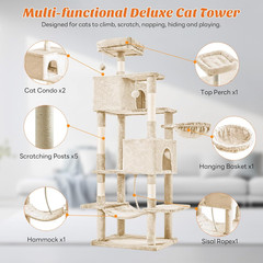 66 Inch Cat Tree Tower, Multi Level Cat Climbing Tower with Natural Sisal Scratc