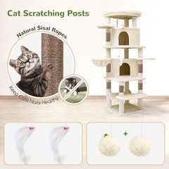 NEW,66inch Tall 6 Scratching Posts, 2 Spacious Cat Condos, Hanging Basket,Beige！