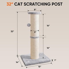 32 Inch Tall Cat Scratching Post Large Sisal Dangling Ball Light Grey