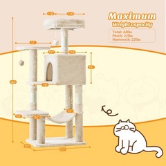 44 Inch Cat Tree Tower Sisal Scratching Posts Hammock & Condo for indoor Cats