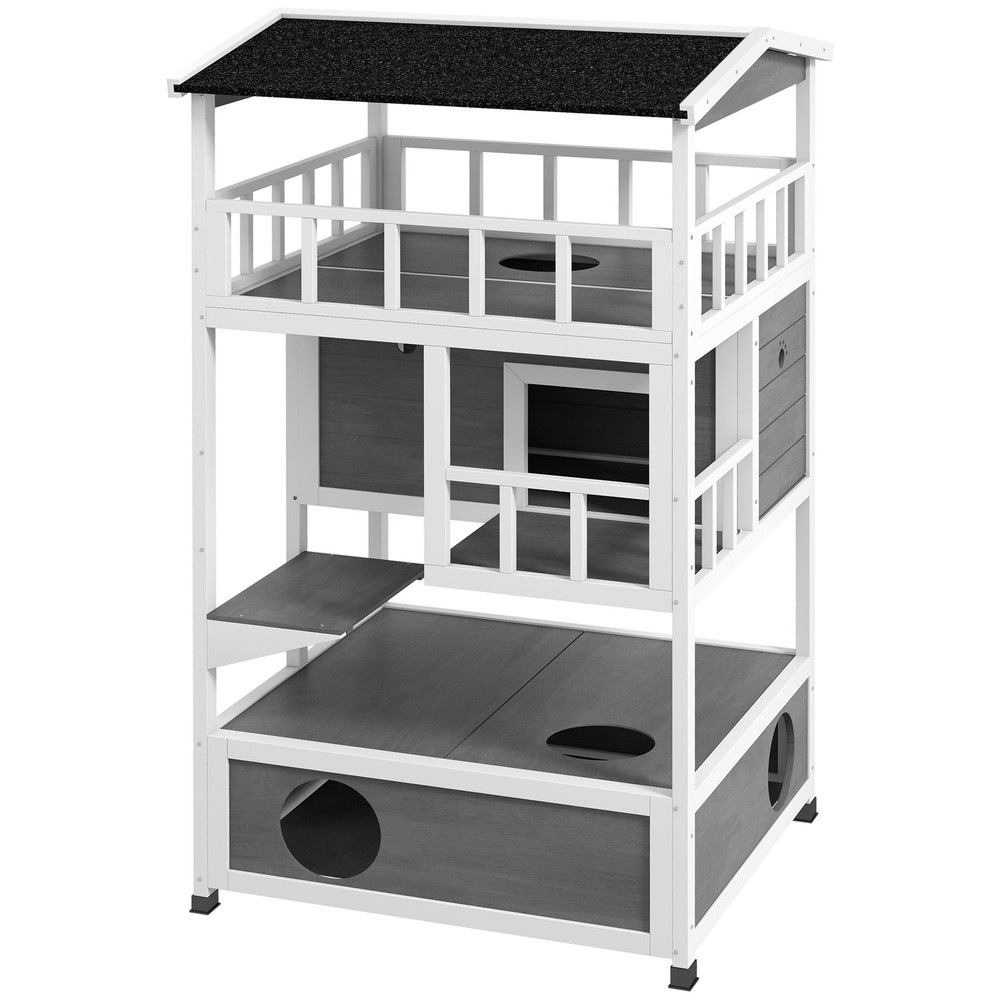 54″ Outdoor Cat House Fir Wood Shelter w/ Asphalt Roof Escape Doors White