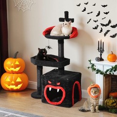 Gothic Halloween Cat Tree 38.5in Tower W/ Coffin Bed Top Perch Spacious Condos