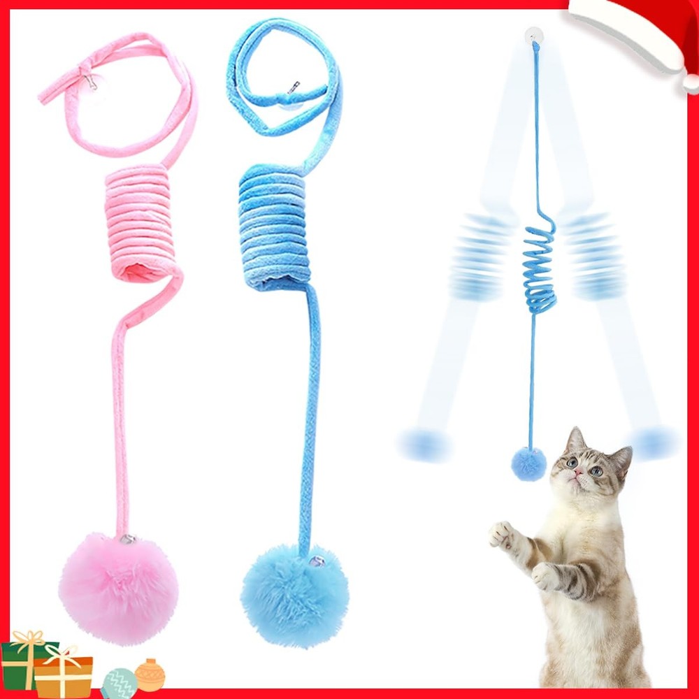 Hanging Plush Cat Toy Ball Interactive Bell Spring Upgrade 80 Inch Blue Pink