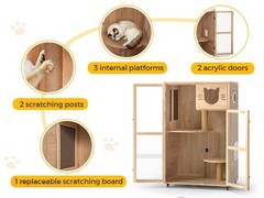 Large Wooden indoor Cat Enclosure House with Clear Door and 3 Jumping Platforms