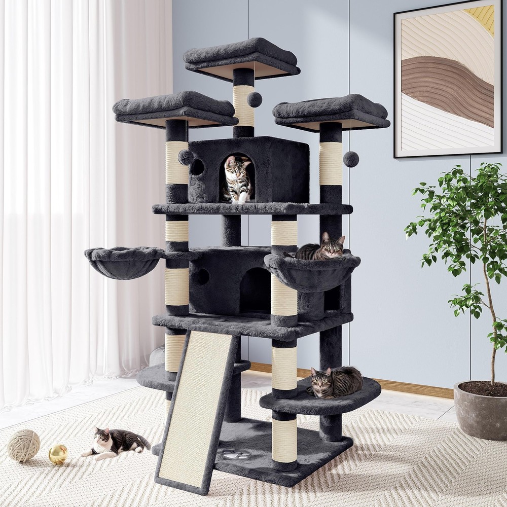 Allewie 68 Large Cat Tree with Condo and Scratching Post, Smokey Grey