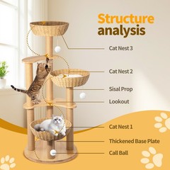 52″ Modern Cat Tree Tower Oak Cat Scratching Tree for Multiple Large Cats