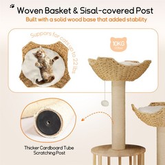 Cat Tree Tower for Large Cats Solid Wood Scratching Post with Basket Condo Perch