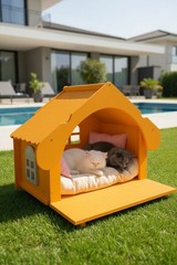 Orange Cat / Dog house indoor Natural Pine , Modern Furniture Pets (LED Light )