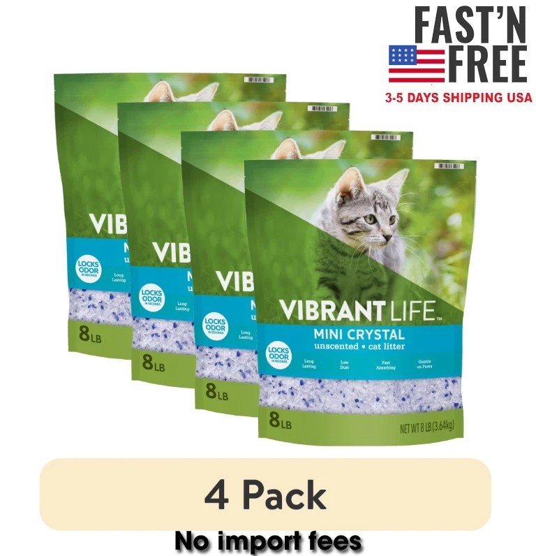 (4 pack) Vibrant Life Mini Crystal Cat Litter, Unscented, 8 lb Bag