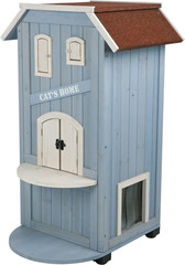Weatherproof 3-Story Outdoor Cat House with Perch & Hinged Shutters, Blue/White