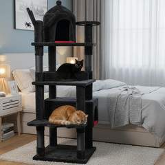 63in Gothic Cat Tree Tower w Coffin Bed Multi Level Condo Black Red