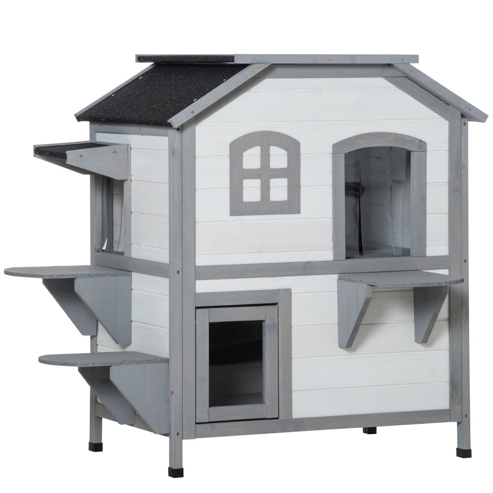 36″ 2-Story Outdoor Cat House Fir Wood Shelter w/ Openable Roof White